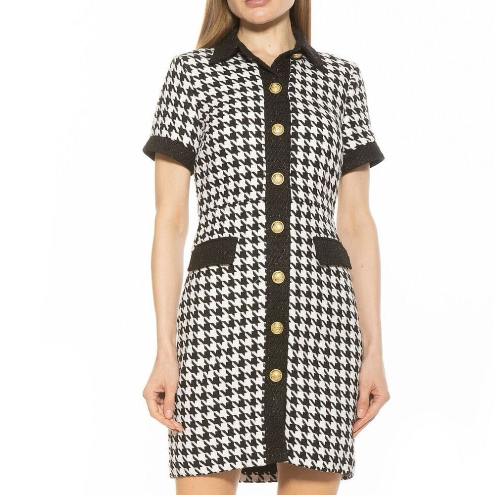 NWT Alexia Admor “Jenni” Tweed Shirtdress black/white houndstooth. Size 10 - Picture 3 of 15